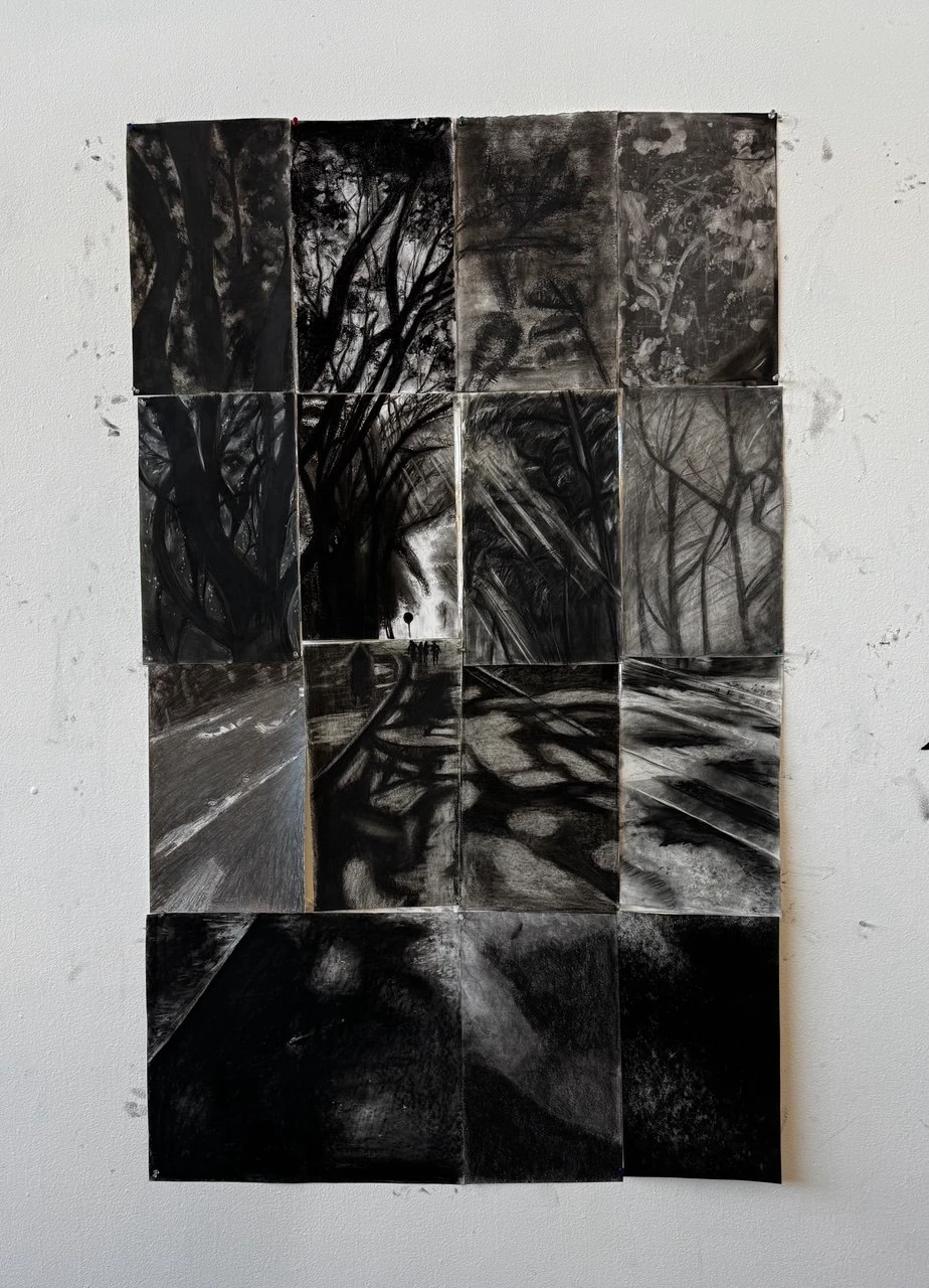 Student drawings of trees, branches, light and shadow arranged in a grid on a classroom wall.